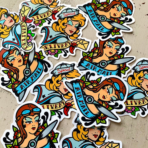 Traditional Tattoo Pilot & Sailor Pinup Girls "Airmail" & "Special Delivery" Sticker Envelope Labels