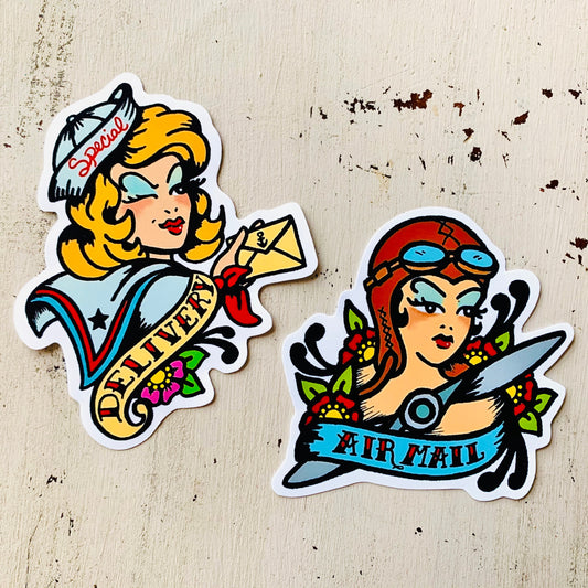 Traditional Tattoo Pilot & Sailor Pinup Girls "Airmail" & "Special Delivery" Sticker Envelope Labels