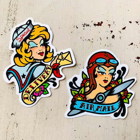 Traditional Tattoo Pilot & Sailor Pinup Girls "Airmail" & "Special Delivery" Sticker Envelope Labels