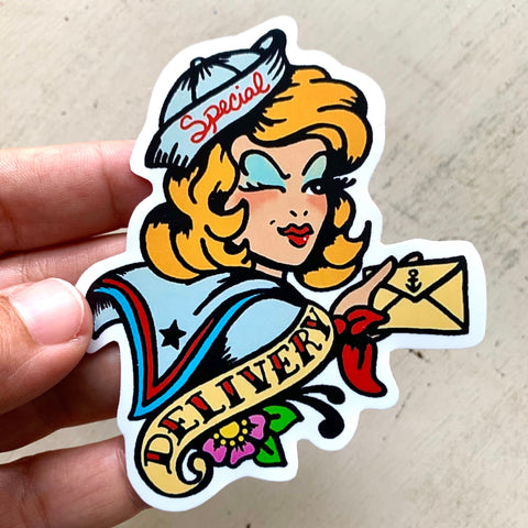 Traditional Tattoo Pilot & Sailor Pinup Girls "Airmail" & "Special Delivery" Sticker Envelope Labels