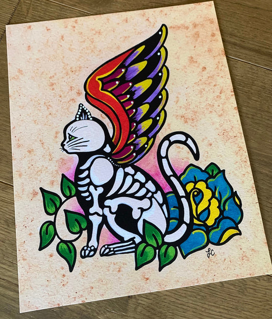 Day of the Dead Cat with Wings Traditional Tattoo Art Print
