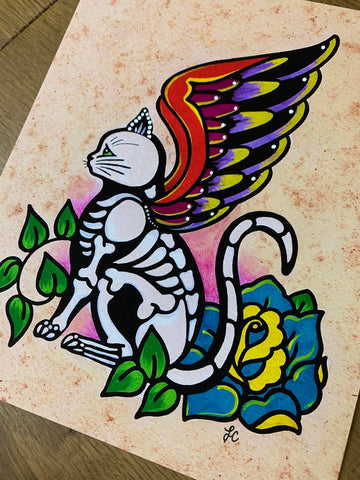 Day of the Dead Cat with Wings Traditional Tattoo Art Print