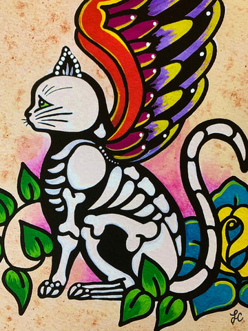 Day of the Dead Cat with Wings Traditional Tattoo Art Print