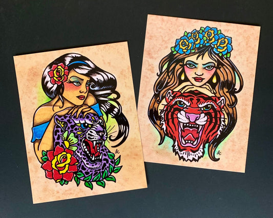 Traditional Tattoo Art Postcards - Jaguar and Tiger Girl Designs - Set of 2