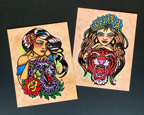 Traditional Tattoo Art Postcards - Jaguar and Tiger Girl Designs - Set of 2