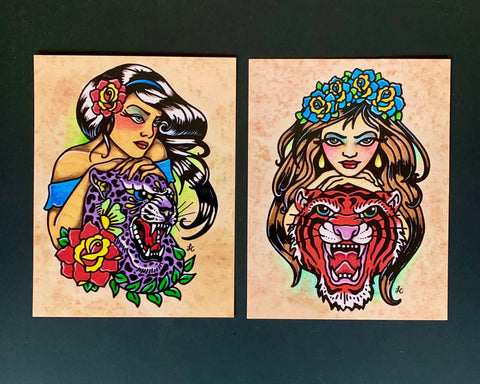 Traditional Tattoo Art Postcards - Jaguar and Tiger Girl Designs - Set of 2