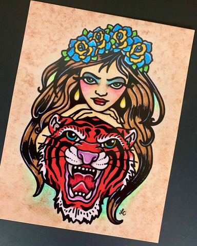 Traditional Tattoo Art Postcards - Jaguar and Tiger Girl Designs - Set of 2