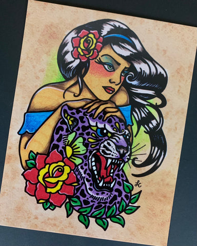 Traditional Tattoo Art Postcards - Jaguar and Tiger Girl Designs - Set of 2
