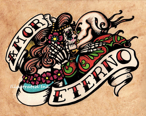 Day of the Dead "Amor Eterno" Sugar Skull Love Couple Art Print