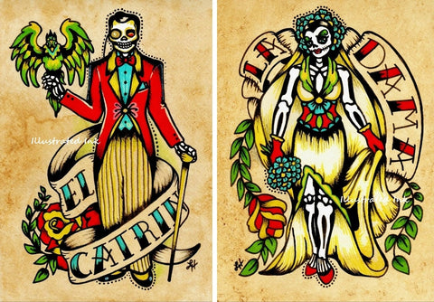 Day of the Dead Couple Art Prints Loteria "La Dama" and "El Catrin" Set