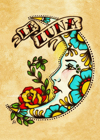 Traditional Tattoo Moon Art "La Luna" Loteria Art Print