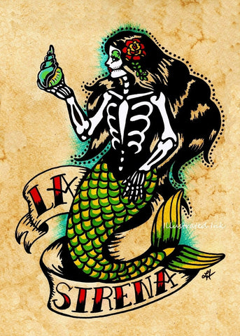Day of the Dead Mermaid Tattoo Art "La Sirena" Loteria Print