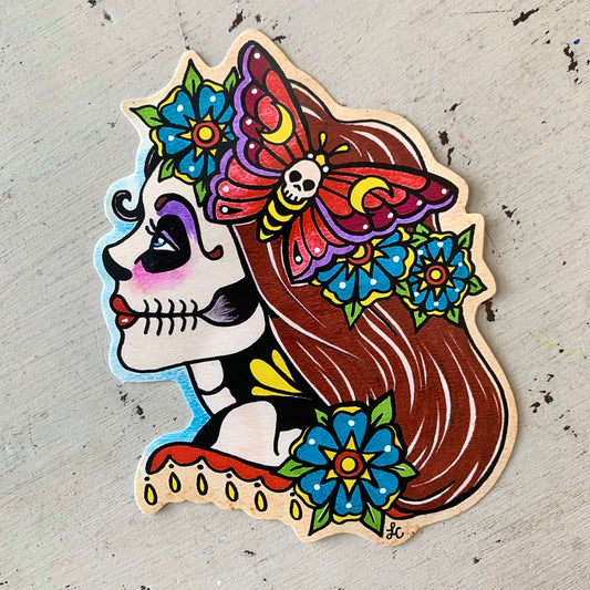 Day of the Dead Girl Moth and Flower Garland Decal Sticker