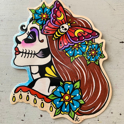 Day of the Dead Girl Moth and Flower Garland Decal Sticker