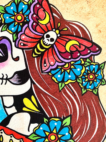 Day of the Dead Sugar Skull Girl with Flower Garland Art Print