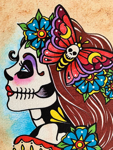 Day of the Dead Sugar Skull Girl with Flower Garland Art Print