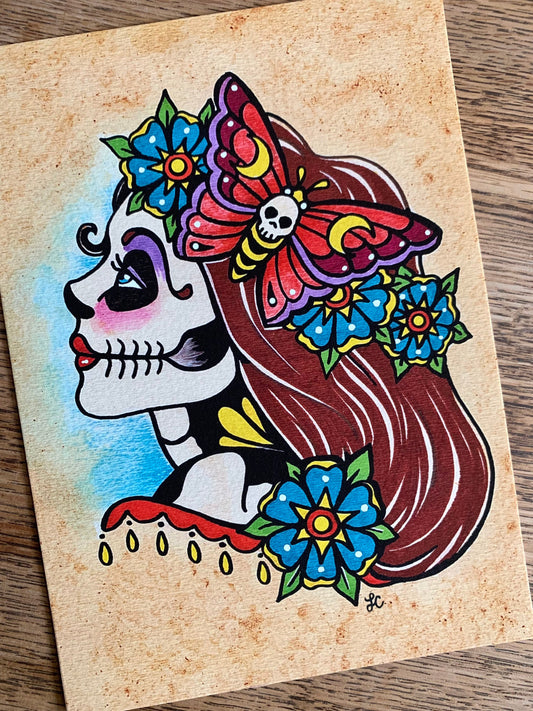 Day of the Dead Sugar Skull Girl with Flower Garland Art Print