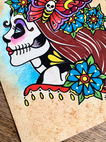 Day of the Dead Sugar Skull Girl with Flower Garland Art Print
