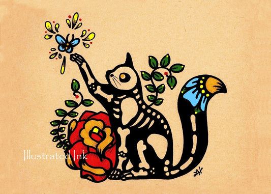 Day of the Dead Cat Dia de los Muertos Art Print - Customizable