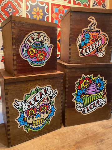 Mexican Folk Art Kitchen Canister Labels Set Day of the Dead Decals - Sugar, Tea, Coffee, & Flour Stickers for Jars & Containers