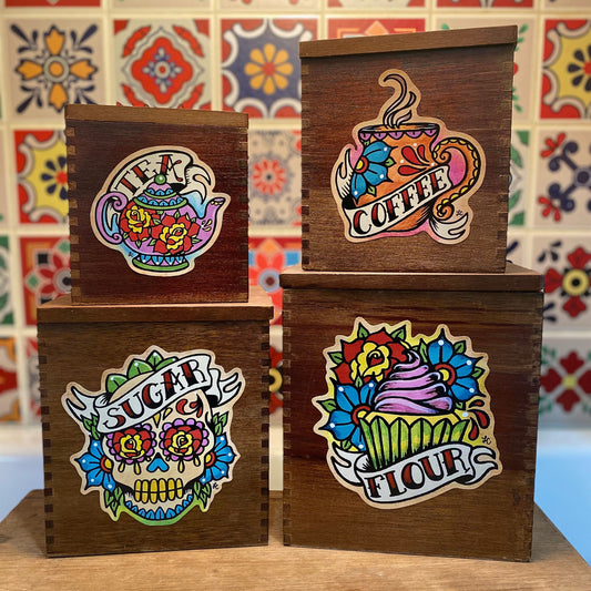 Mexican Folk Art Kitchen Canister Labels Set Day of the Dead Decals - Sugar, Tea, Coffee, & Flour Stickers for Jars & Containers