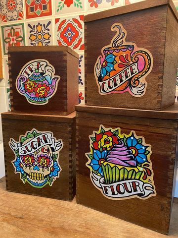 Mexican Folk Art Kitchen Canister Labels Set Day of the Dead Decals - Sugar, Tea, Coffee, & Flour Stickers for Jars & Containers