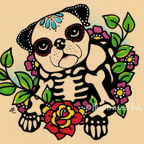 Day of the Dead PUG Dog Dia de los Muertos Art Print - Customizable