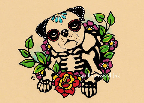 Day of the Dead PUG Dog Dia de los Muertos Art Print - Customizable