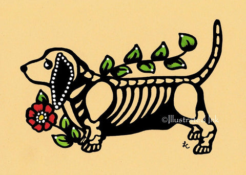 Day of the Dead Dog BASSET Hound Dia de los Muertos Art Print - Customizable