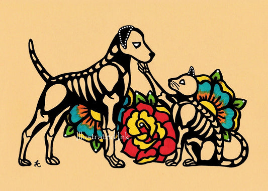Dia de los Muertos DOG and CAT Day of the Dead Art Print