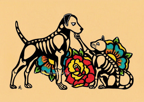 Dia de los Muertos DOG and CAT Day of the Dead Art Print