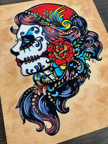Dia de los Muertos Beauty with Roses Art Print