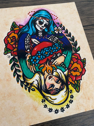 Day of the Dead Virgin Mary "Queen of Hearts" Traditional Tattoo Art Print