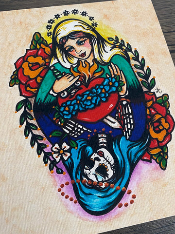 Day of the Dead Virgin Mary "Queen of Hearts" Traditional Tattoo Art Print