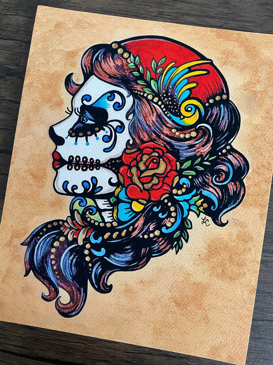 Dia de los Muertos Beauty with Roses Art Print