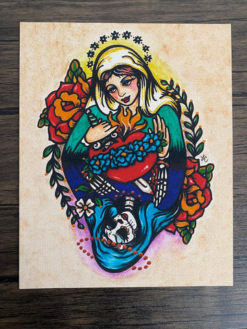 Day of the Dead Virgin Mary "Queen of Hearts" Traditional Tattoo Art Print