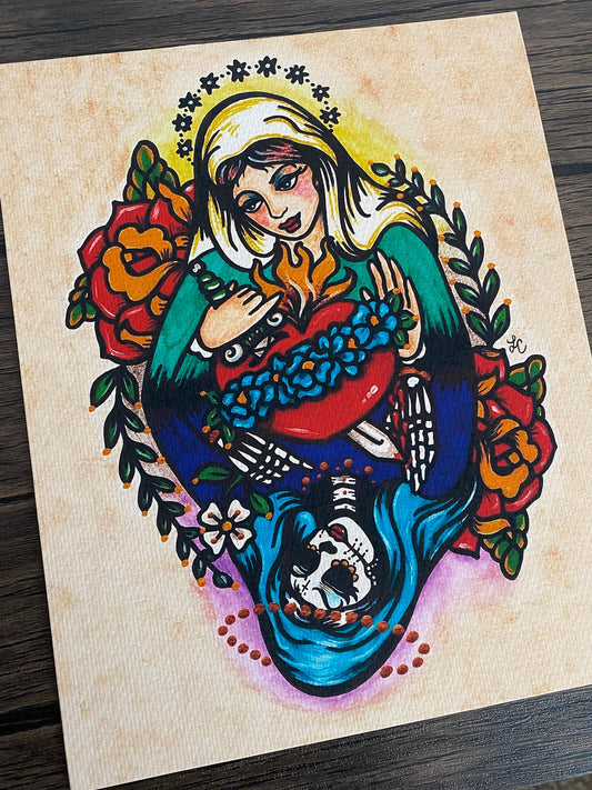 Day of the Dead Virgin Mary "Queen of Hearts" Traditional Tattoo Art Print