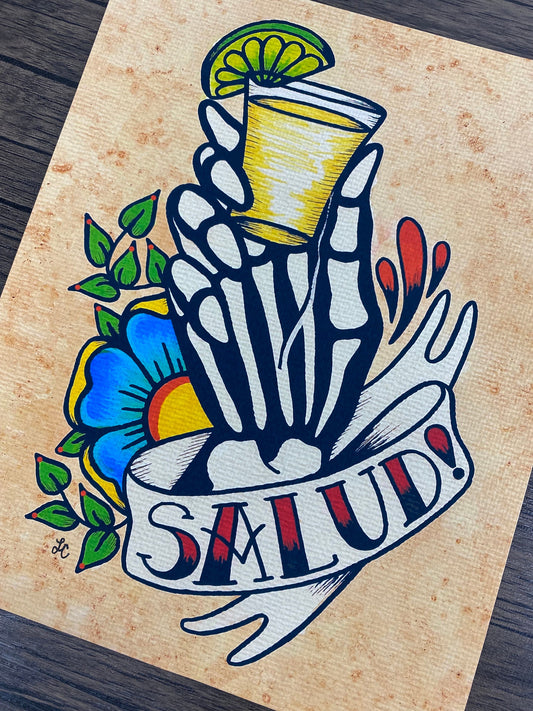 "Salud!" Art Print Day of the Dead Skeleton Hand with Tequila Shot Glass