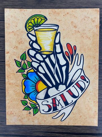 "Salud!" Art Print Day of the Dead Skeleton Hand with Tequila Shot Glass