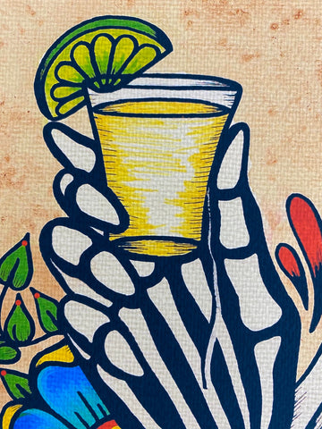 "Salud!" Art Print Day of the Dead Skeleton Hand with Tequila Shot Glass