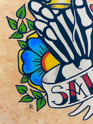 "Salud!" Art Print Day of the Dead Skeleton Hand with Tequila Shot Glass