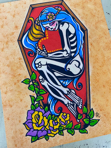 Day of the Dead Coffin Girl with Sacred Heart Art Print
