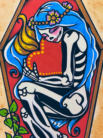 Day of the Dead Coffin Girl with Sacred Heart Art Print