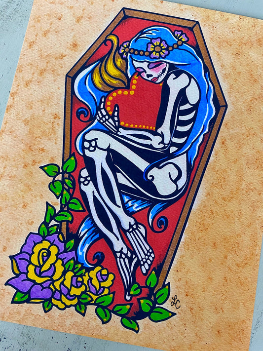 Day of the Dead Coffin Girl with Sacred Heart Art Print