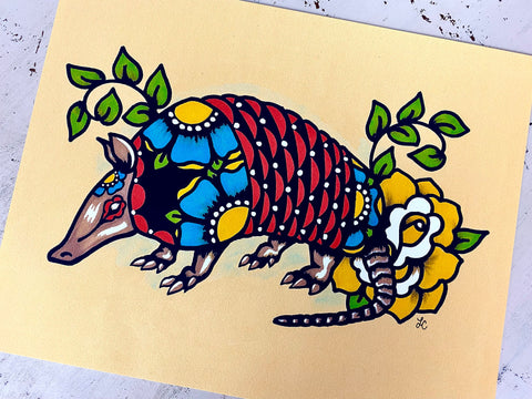 Traditional Tattoo Armadillo Folk Art Print