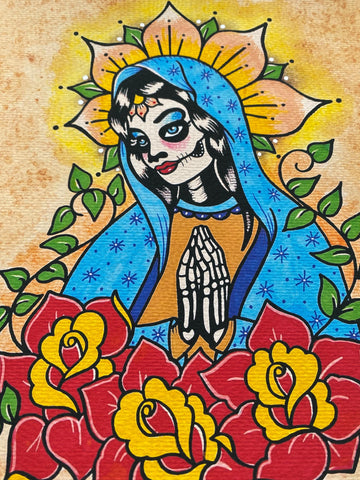Day of the Dead Virgin Mary with Flowers Traditional Tattoo Art Print