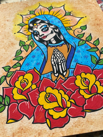 Day of the Dead Virgin Mary with Flowers Traditional Tattoo Art Print