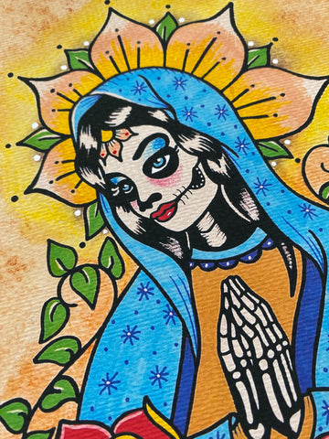 Day of the Dead Virgin Mary with Flowers Traditional Tattoo Art Print