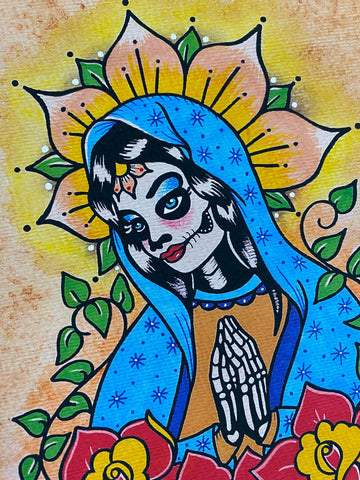 Day of the Dead Virgin Mary with Flowers Traditional Tattoo Art Print