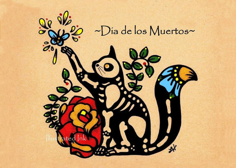 Day of the Dead Cat Dia de los Muertos Art Print - Customizable